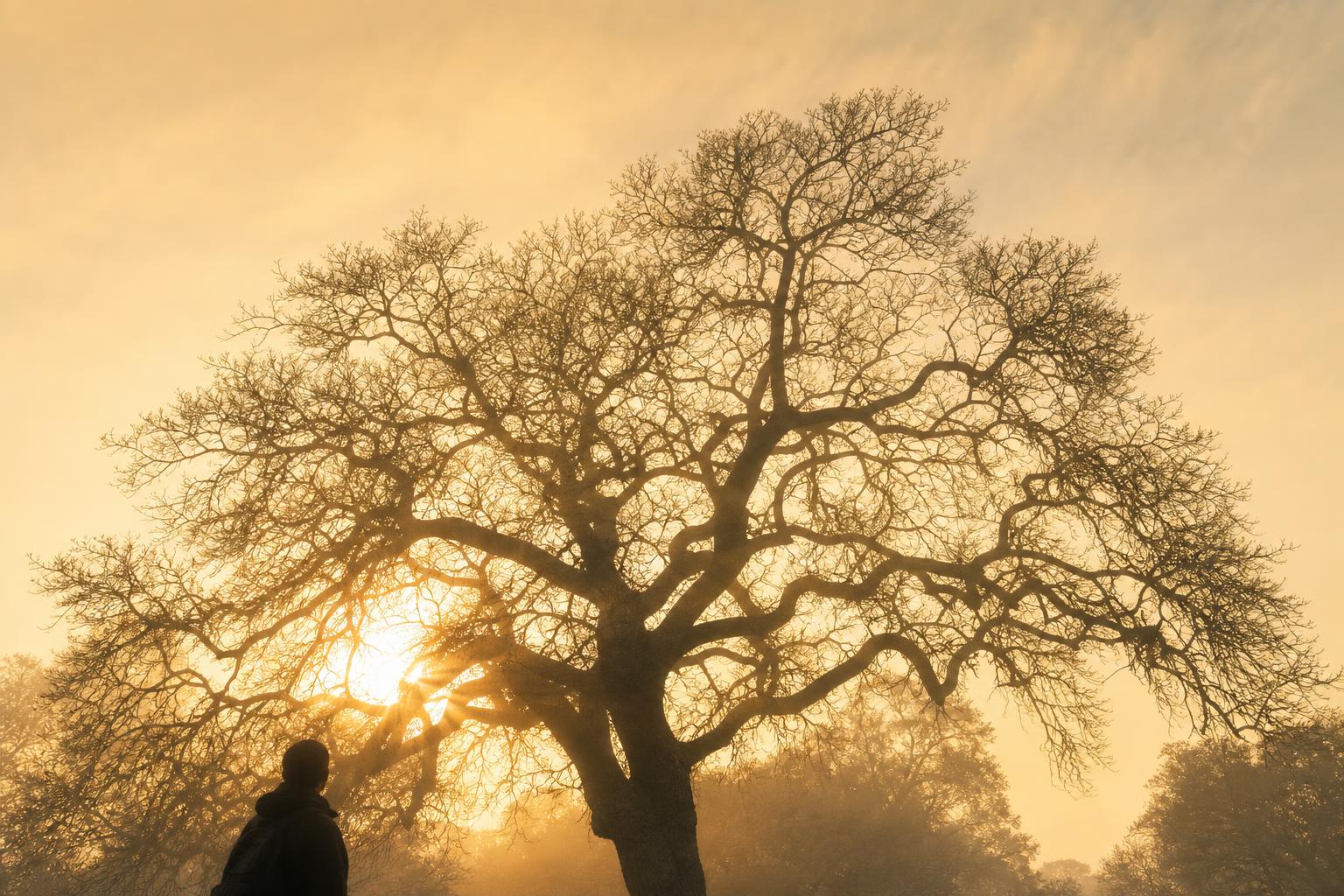 Ramas de árbol iluminadas por el amanecer evocando una red neuronal, metáfora de la energía celular y la creatina