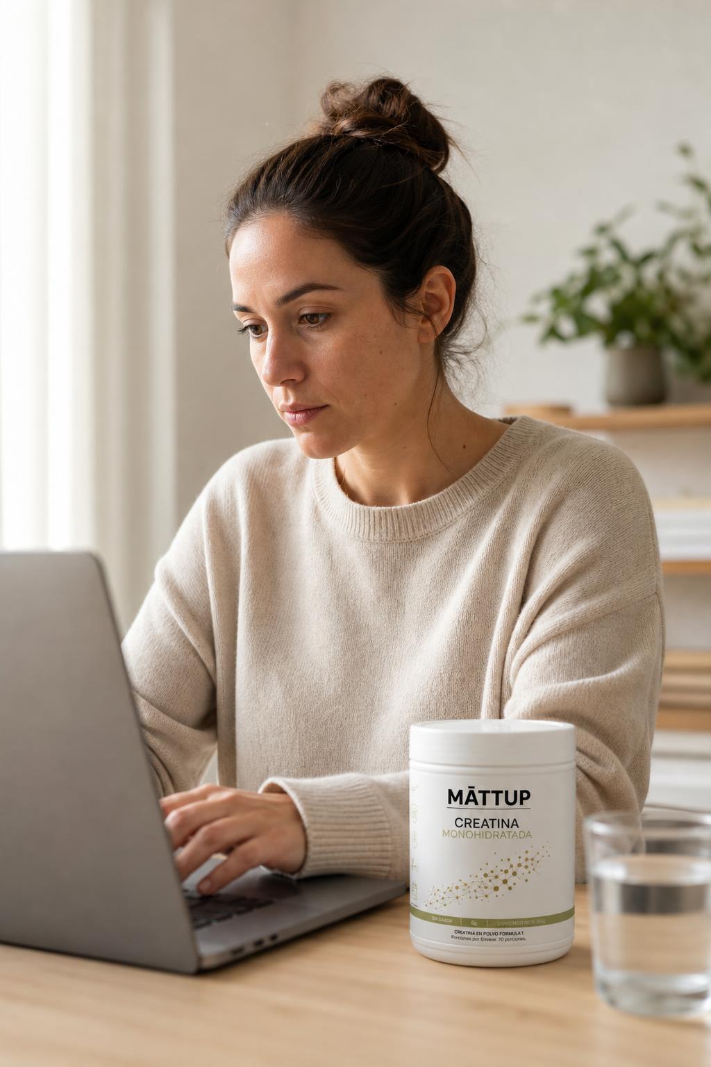 Mujer trabajando concentrada en su laptop con el bote de Creatina MĀTTUP sobre el escritorio