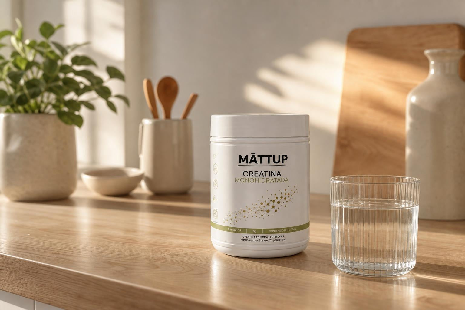 Bote de Creatina MĀTTUP sobre una encimera de madera en una cocina minimalista iluminada por la luz de la mañana