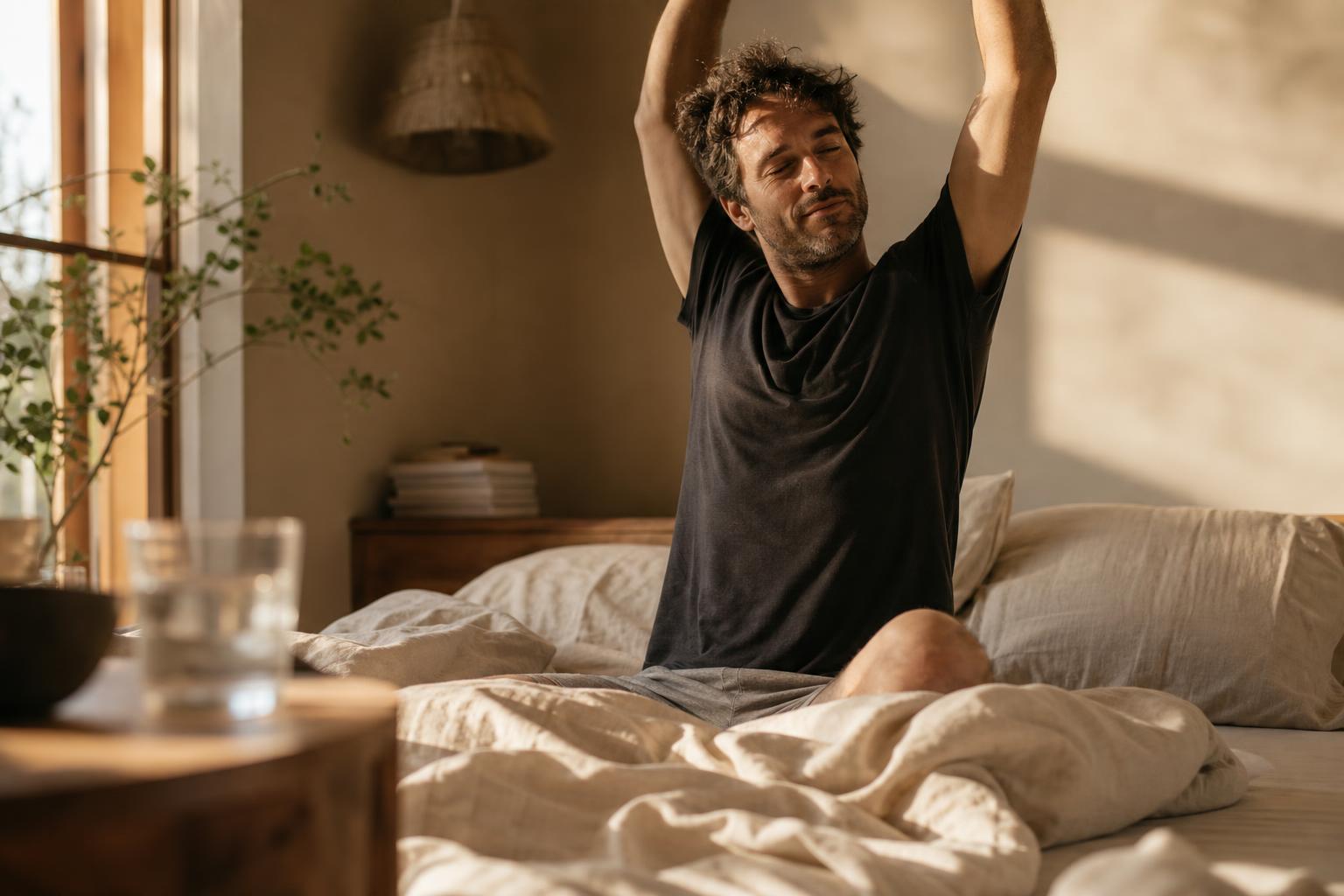 Hombre estirándose al despertar con luz cálida de mañana