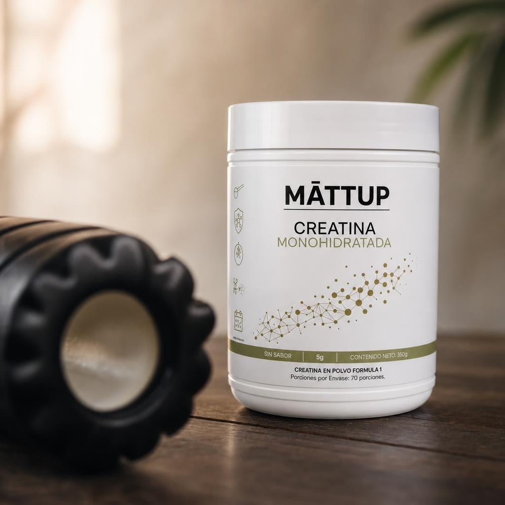 Bote de Creatina MĀTTUP junto a un rodillo de espuma