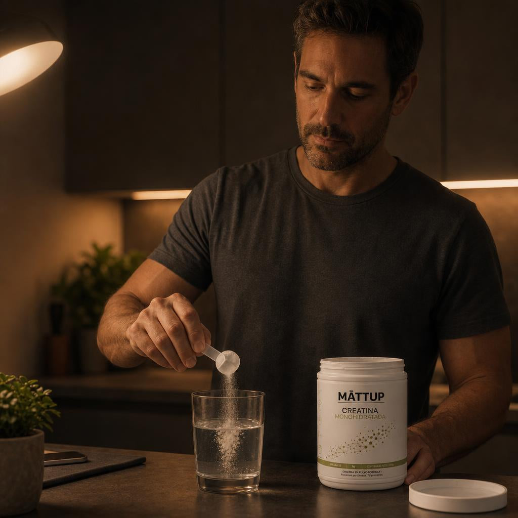 Hombre preparando su porción de Creatina MĀTTUP en la cocina antes de dormir