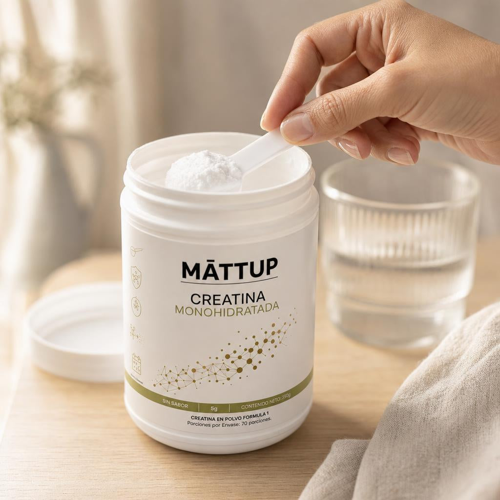 Mano tomando la cuchara dosificadora de Creatina MĀTTUP de forma automática y segura