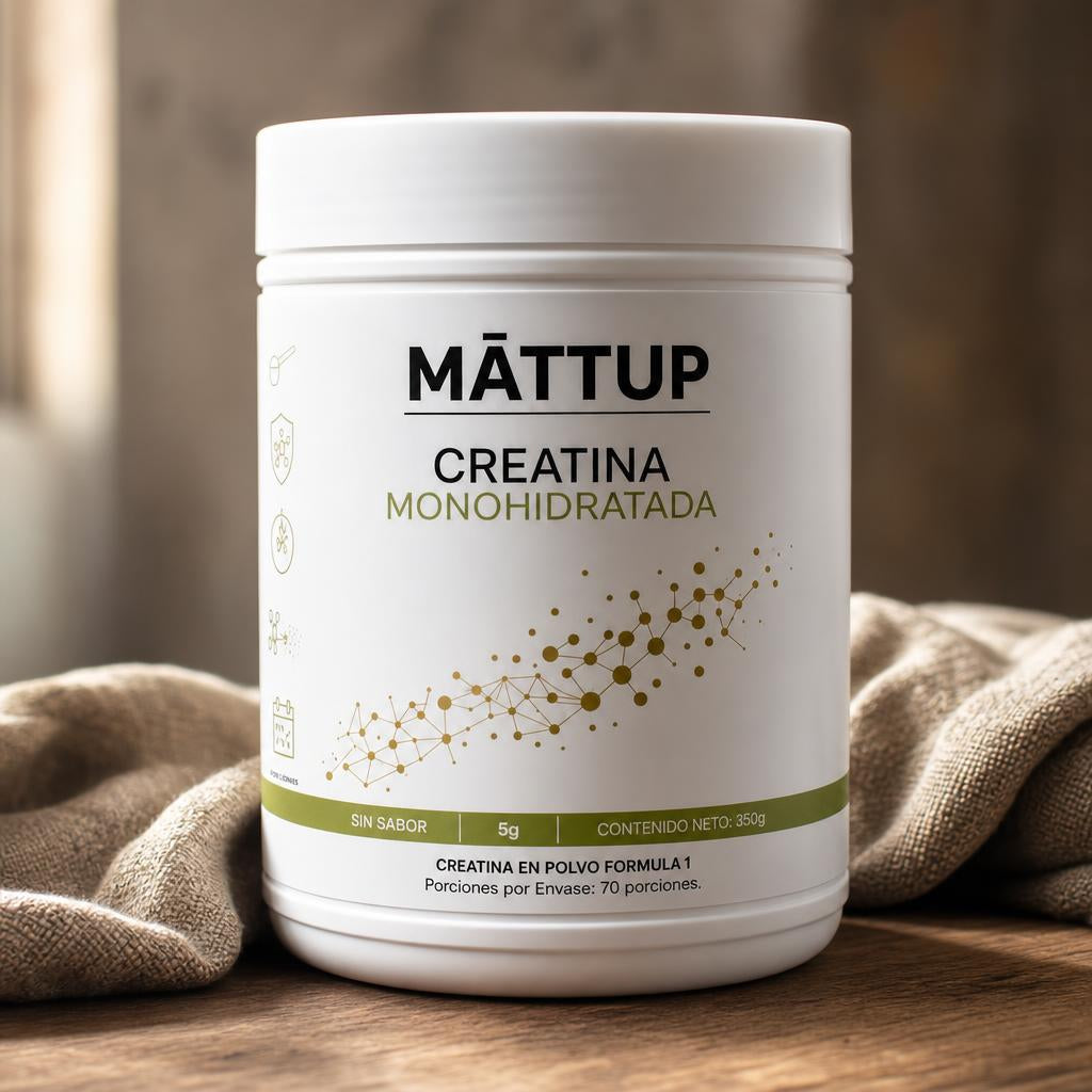 Primer plano del envase de Creatina Monohidratada MĀTTUP