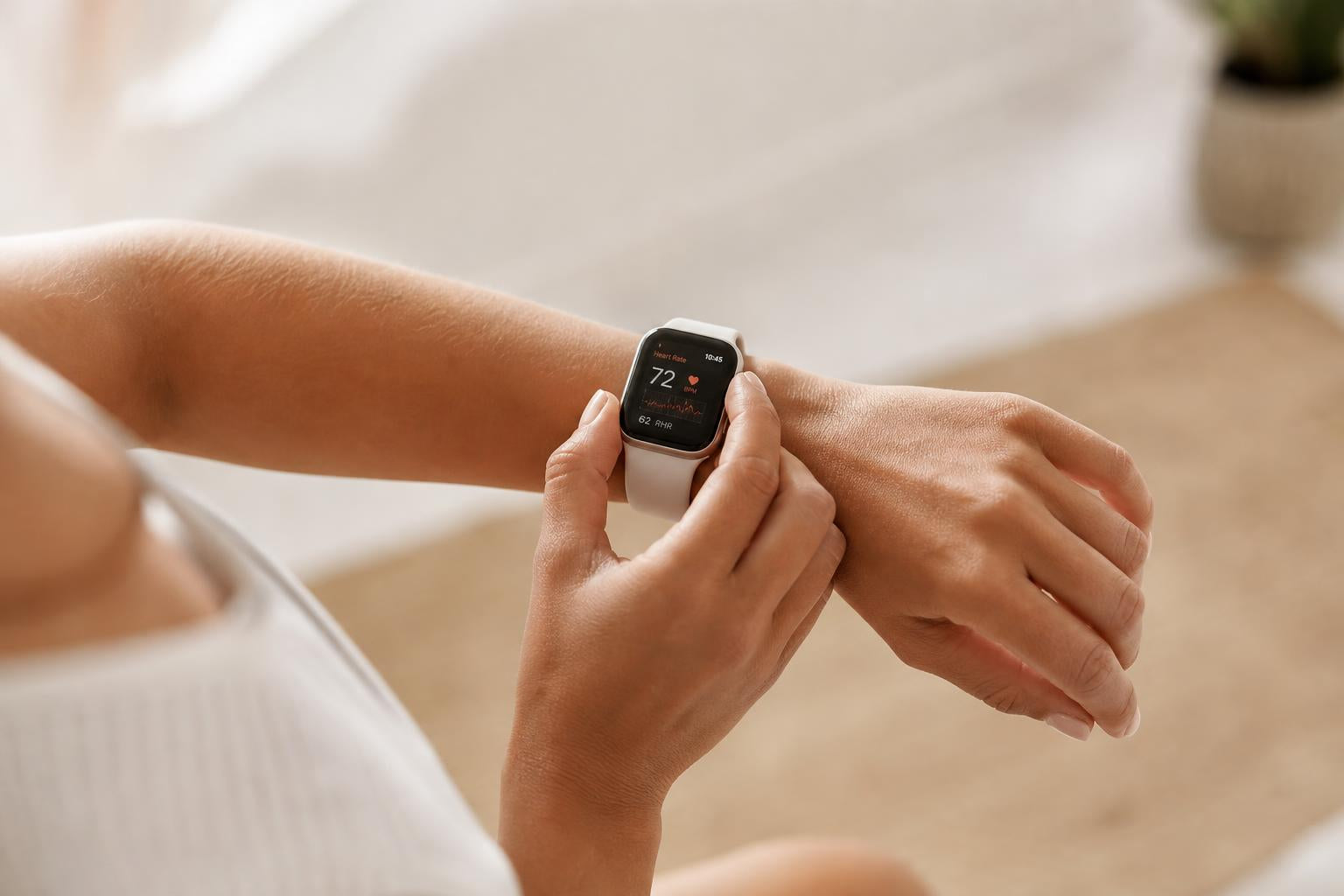 Primer plano de un reloj deportivo mostrando datos de frecuencia cardíaca en la muñeca
