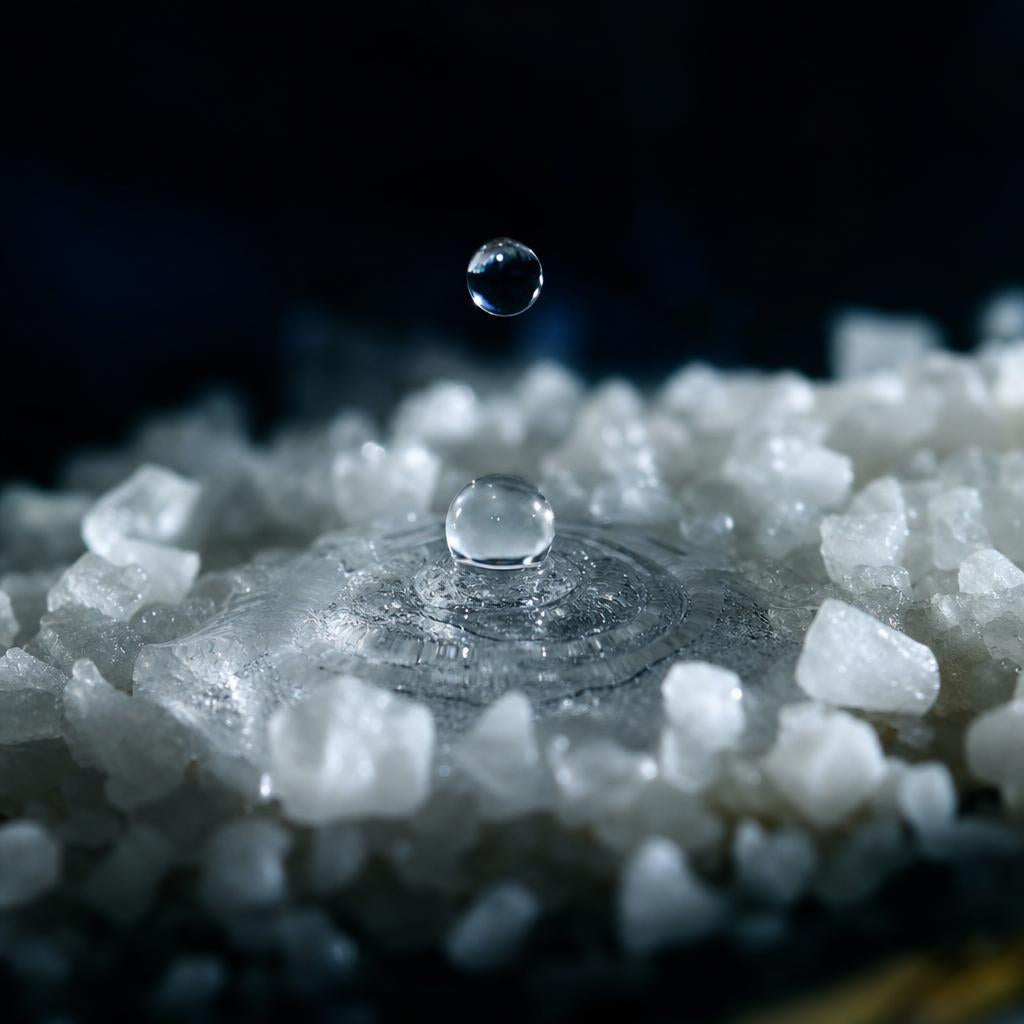Macro de una gota de agua disolviendo cristales blancos, metáfora del proceso de degradación química