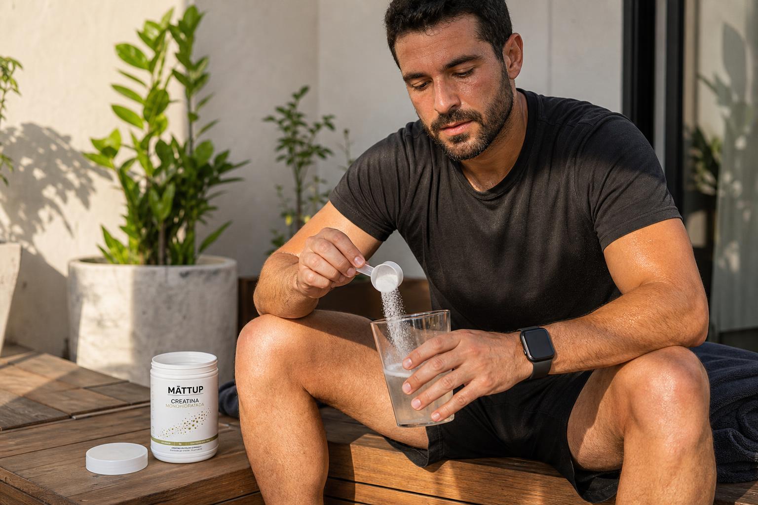 Hombre descansando tras entrenar, sirviendo su porción de Creatina MĀTTUP al aire libre