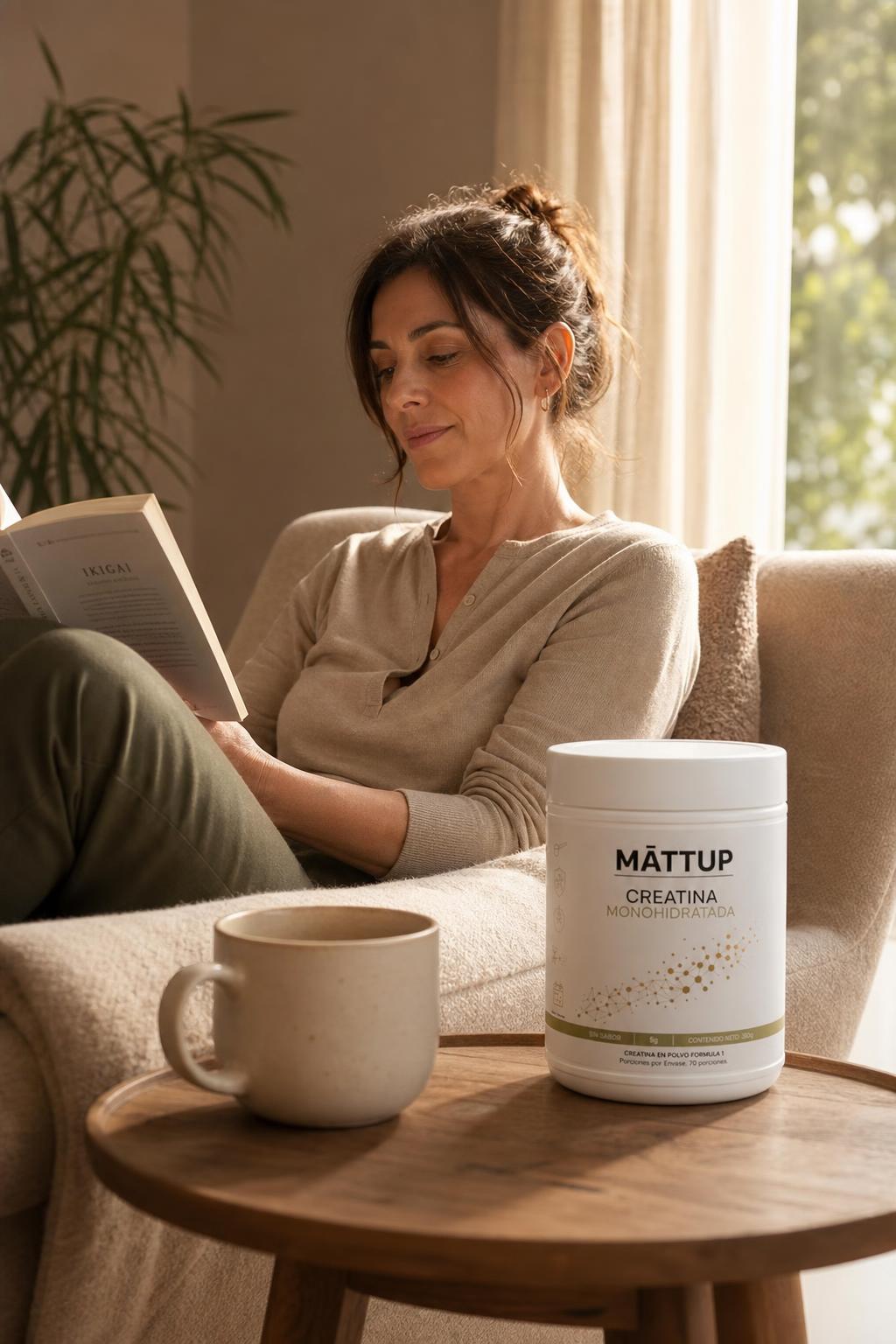 Mujer leyendo con calma junto a una taza de té y el bote de Creatina MĀTTUP