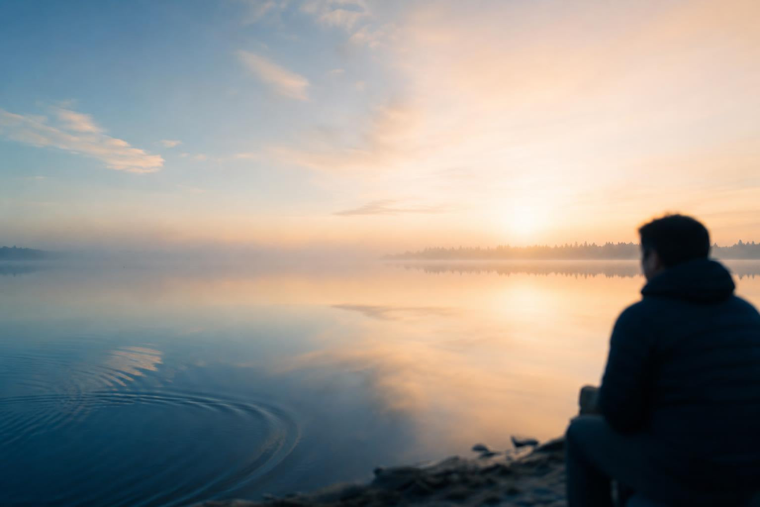 Lago en calma al amanecer con una sola onda rompiendo la quietud, metáfora del descanso antes del próximo esfuerzo