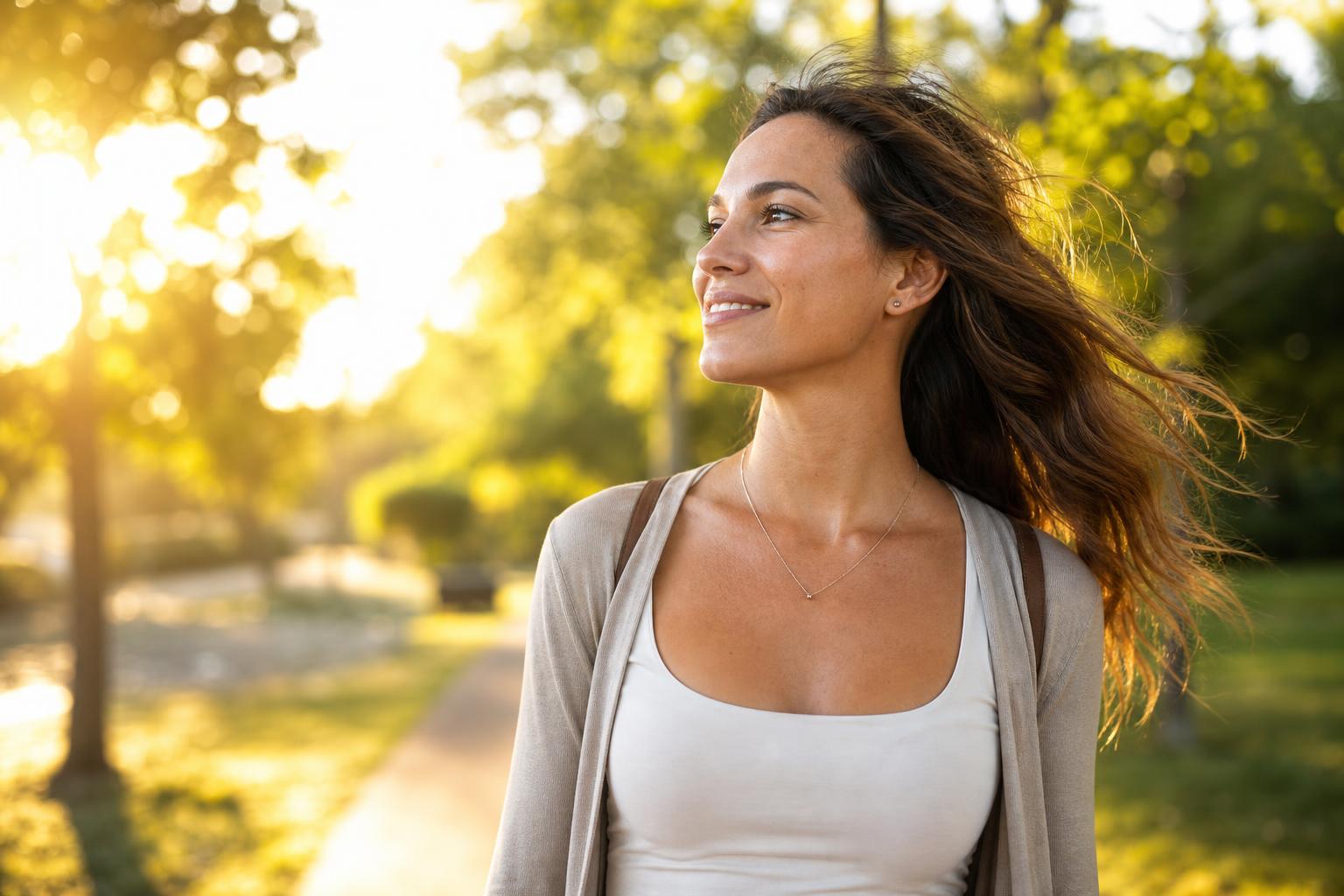 Mujer con energía real caminando al aire libre en la mañana
