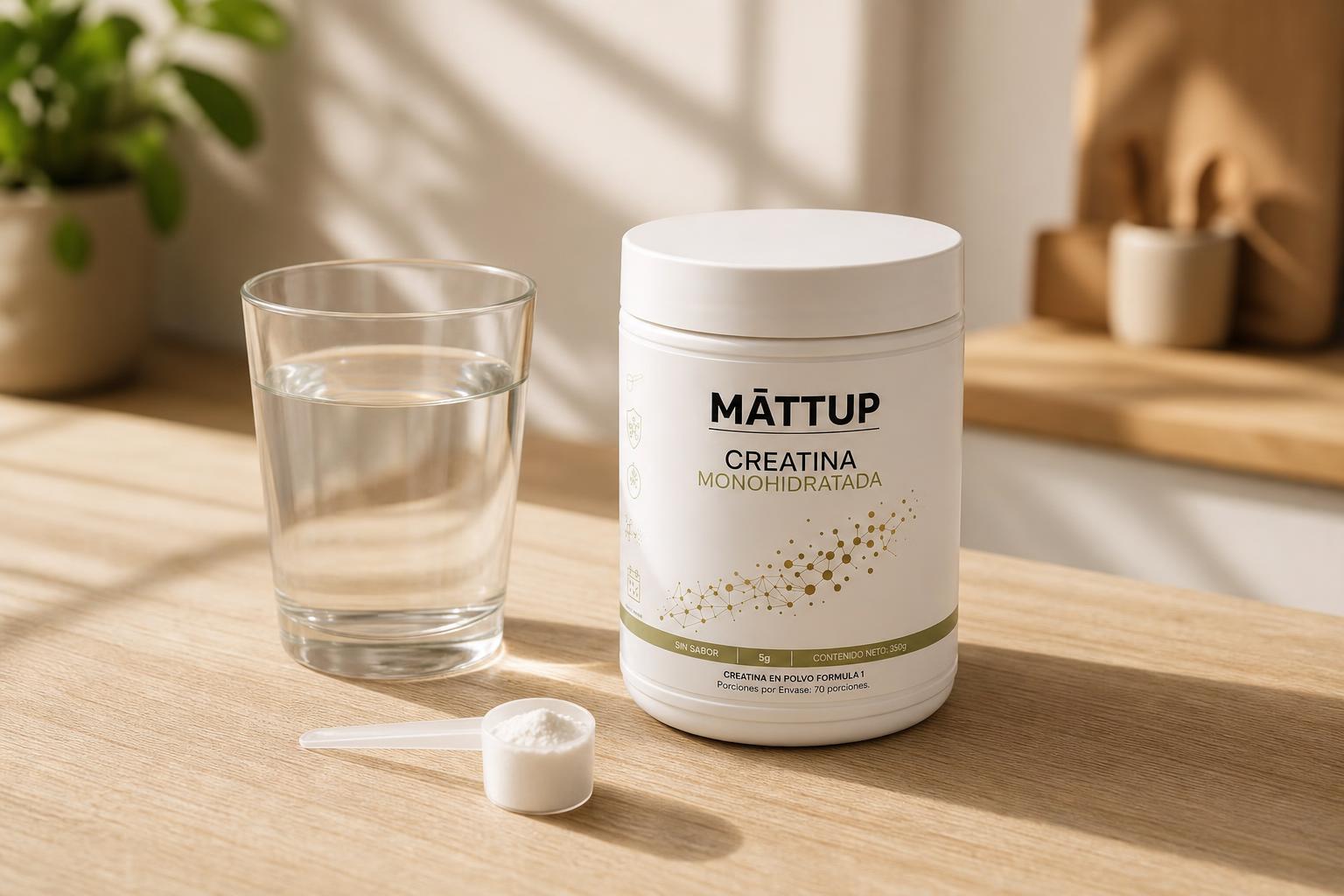 Encimera de cocina con la misma disposición simple de siempre: creatina, vaso y cuchara