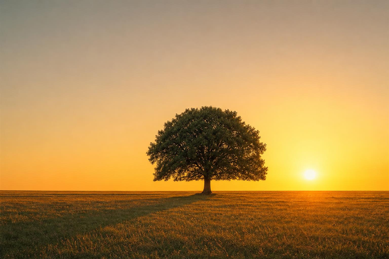 Un único árbol solitario en un campo abierto al atardecer, metáfora de elegir lo esencial en vez de acumular