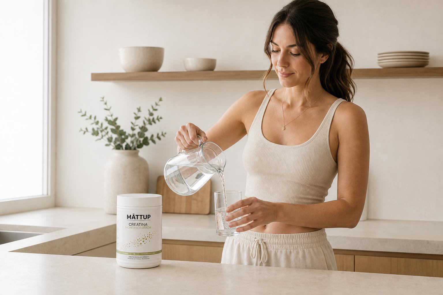 Mujer sirviendo agua en una cocina minimalista y despejada, junto al único producto sobre la encimera