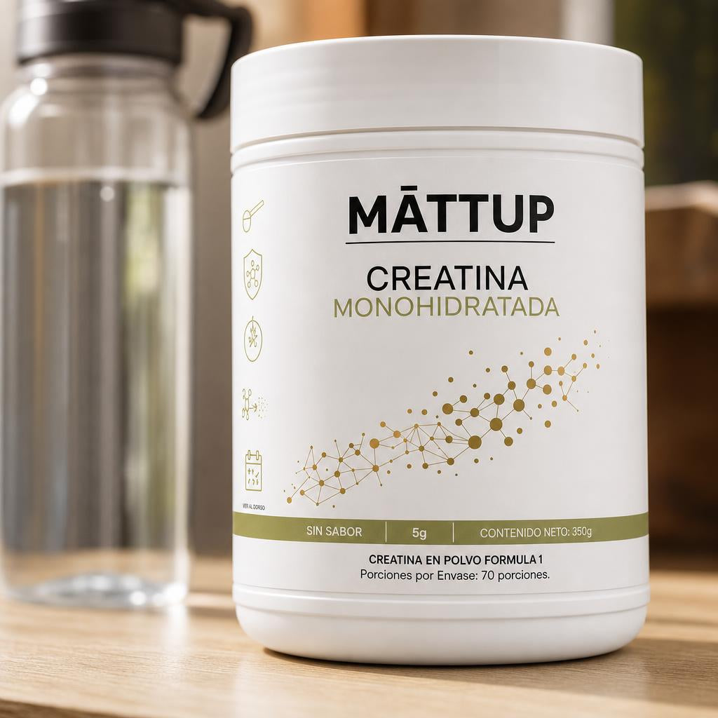 Bote de Creatina MĀTTUP junto a una botella de agua